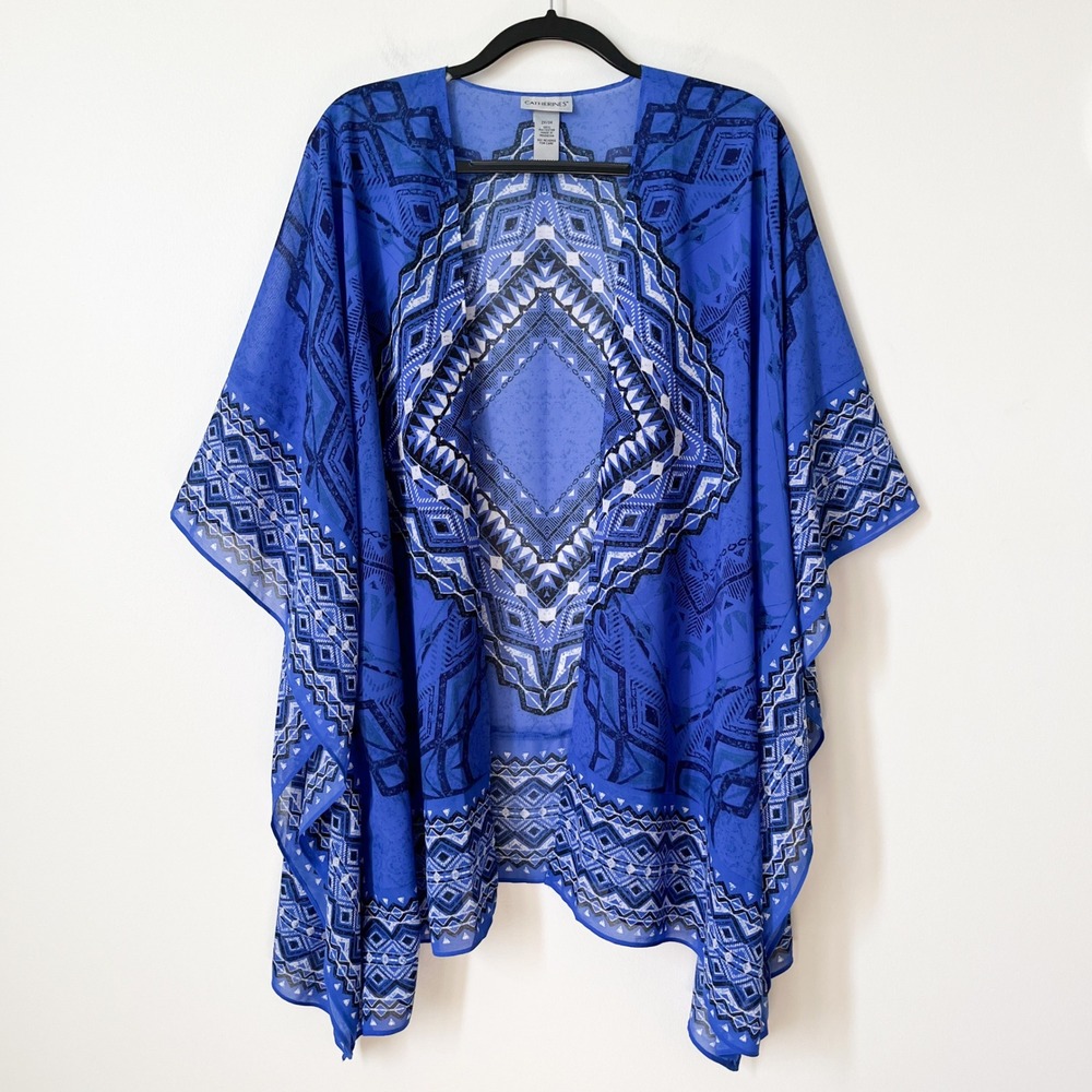Catherines Geometric Aztec‎ Print Open Front Kimono Top Womens 2X 3X Blue Black